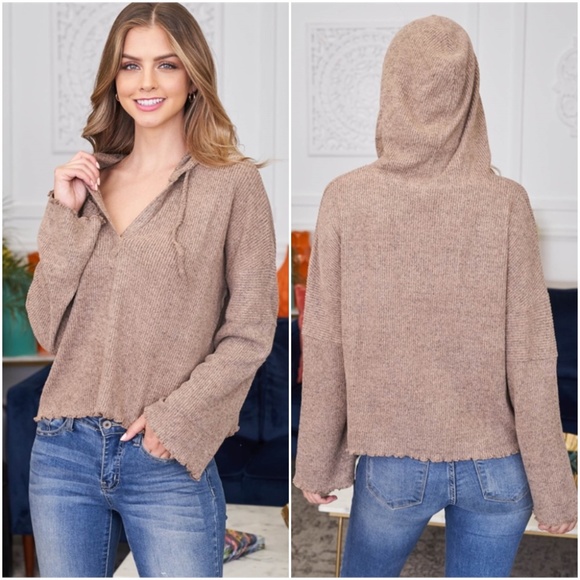 Mocha Ribbed hooded top - Picture 1 of 12